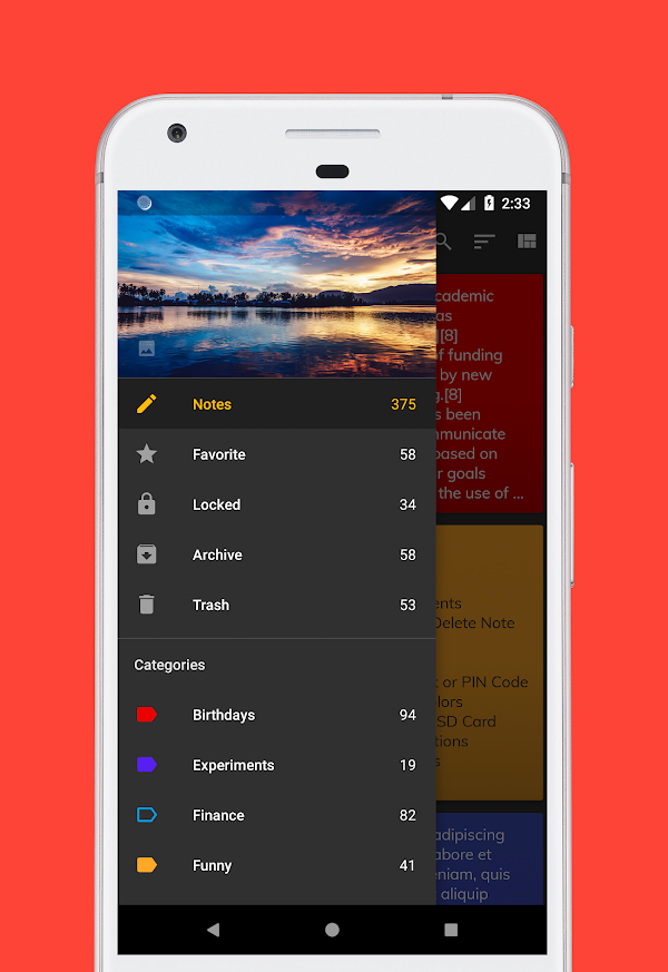 D Notes navigation showing favourites, locked notes, archive, trash, and coloured categories